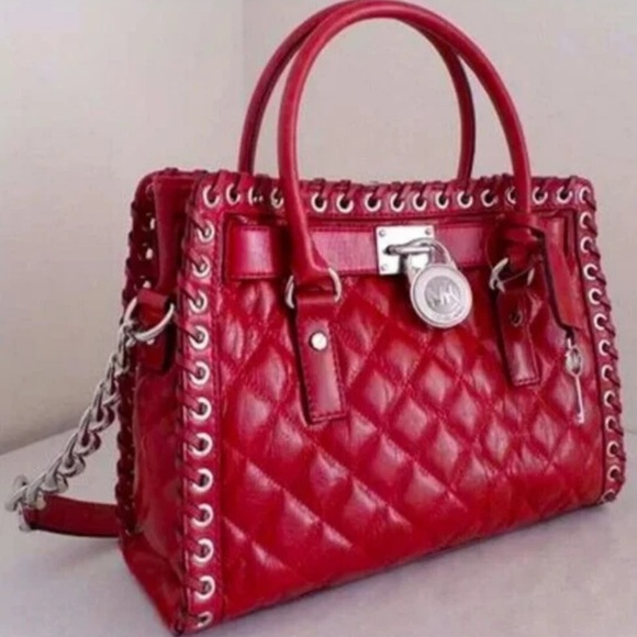 MICHAEL KORS HAMILTON HIPPIE GROMMET DARK RED QUILTED LEATHER SATCHEL BAG - Picture 4 of 14